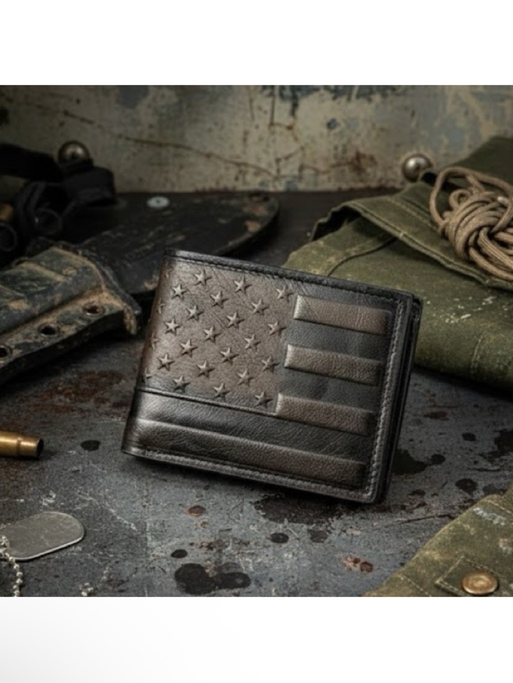 Men's Black Bifold Wallet with Embossed Flag - Picture 3 of 4